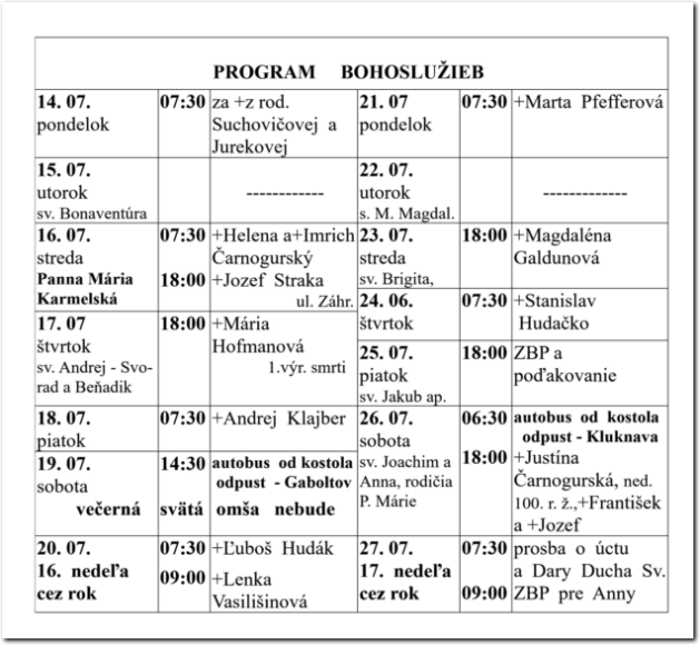 Program Bohoslužieb RKF Drienov
