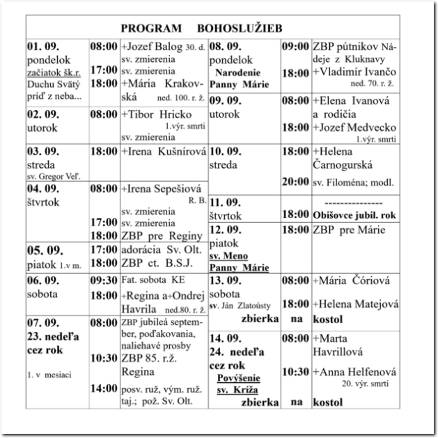 Program Bohoslužieb RKF Drienov