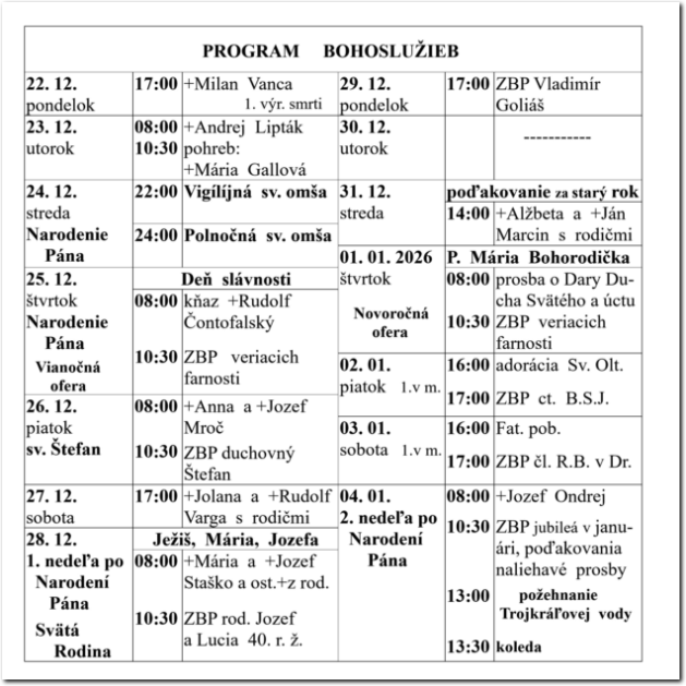Program Bohoslužieb RKF Drienov